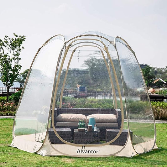 Alvantor Pop Up Bubble Tent - 10’ x 10’ Instant Igloo Tent - 4-6 Person Screen House for Patios - Large Oversize Weather Proof Pod - Cold Protection Camping - Beige