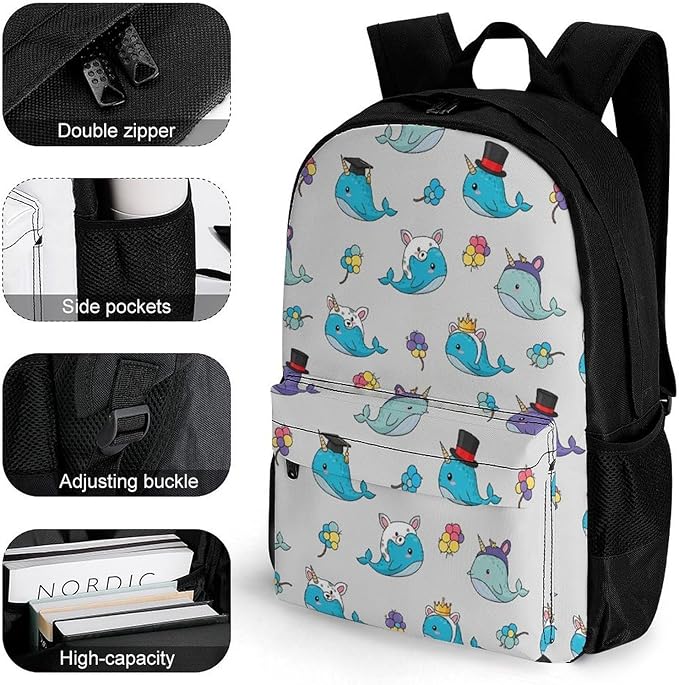 Rucksack Anti-Theft Multipurpose Big Capacity Carry On Bag, Narwhals With Hats Traveling Camping Backpack With Side Pockets