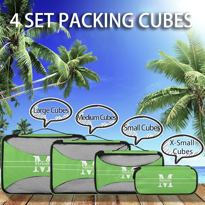 Personalized Packing Cubes, Set of 4 with Zipper Handles for Women Boys, Custom Name Travel Suitcases Luggage Packing Organizers, Lime Green Background with Initial