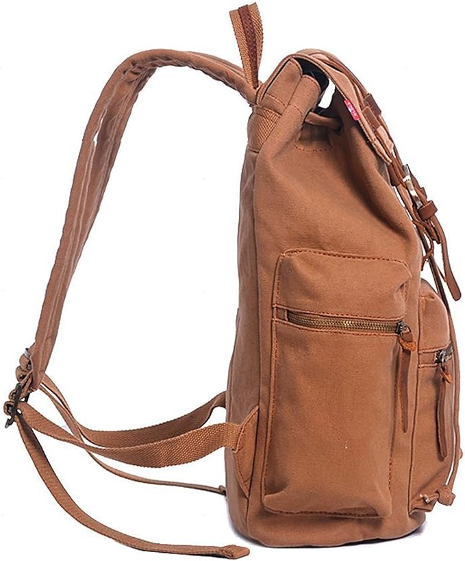 HuaChen Vintage Canvas Travel Backpack with Leather Trim, Laptop Padded Sleeve, Hidden Back Security Pocket, Fits 14-Inch, M32 Tan
