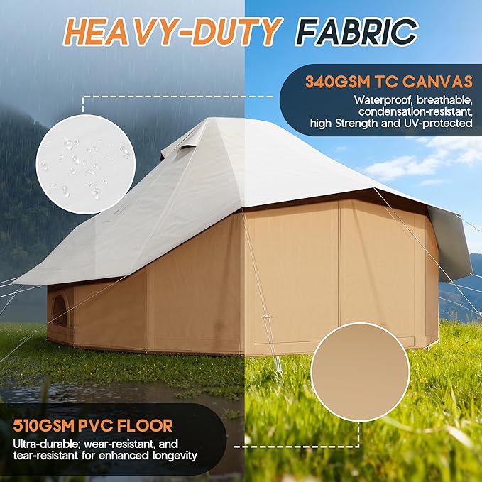 SPECRAFT Canvas Bell Yurt Tents & Inflatable Tent for Camping, Waterproof Glamping Tent with Stove Jack, Breathable Mesh, Snowproofing Spacious 4-Season Family Shelter for Outdoor, Camping, Parties