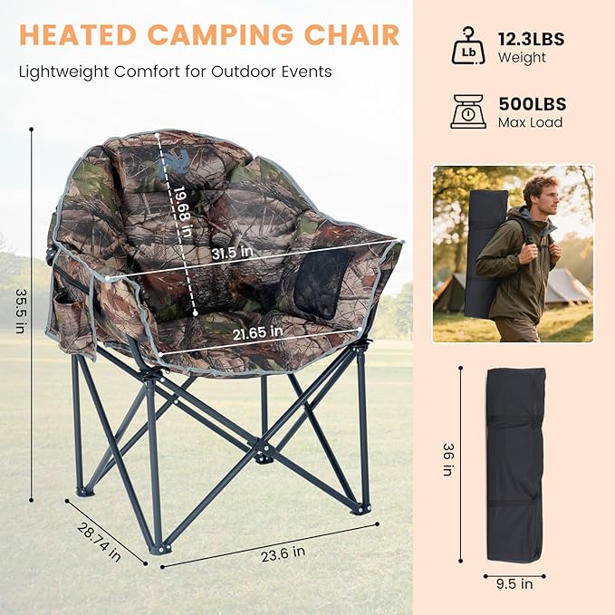 Oversized Heated Camping Chair, Heated Chairs Outdoor Sports with 3 Heat Levels, Portable Folding Heated Outdoor Chair for Lawn Patio Lounge, Battery NOT Included