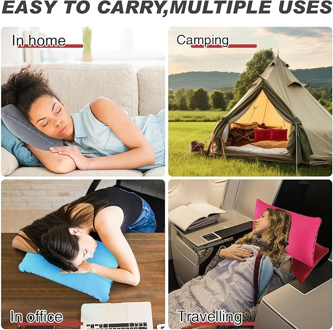 Geelin 12 Pack Inflatable Travel Pillow Squared Flocked Fabric Air Pillow Ultralight, Compact and Comfortable for Traveling, Camping, Hiking, Napping, Desk Rest, Neck Lumbar Support (16.93 × 10.63)