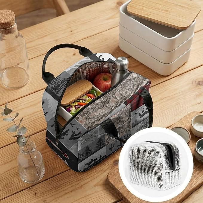 Western Retro Denim Insulated Lunch Bag Bear Deer Bird Nature Landscape Cactus Thermal Tote Portable Size (02)