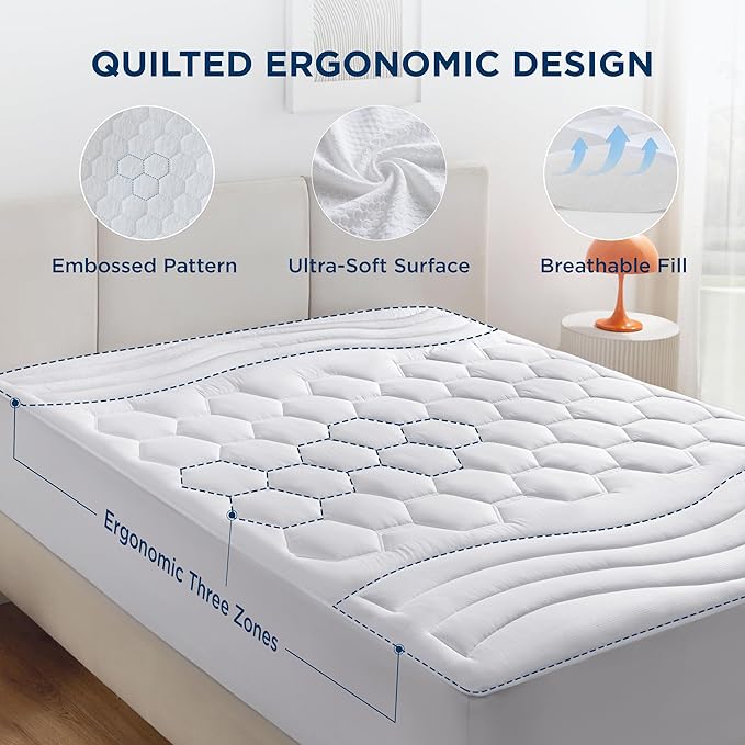 Bedsure King Mattress Pad - Quilted Fitted Mattress Topper Protector with 8-21 Inches Deep Pocket, Noiseless Breathable Bed Cover Padded, Machine Washable, White, 78x80 Inches