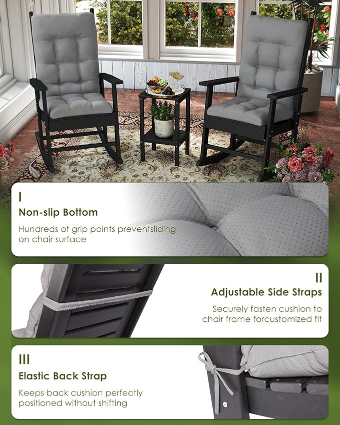 GREENVINES Rocking Chair Cushions Set of 4 | Polyester | Waterproof | Outdoor High Back Rocker Chairs Cushion | Seat with Ties | Non-Slip | Thickened Pad for Patio | 46.5" x 18.5" x 4.3" | Grey