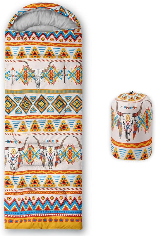 Kids Sleeping Bag for Boys Girls,Bohemian Cowboy Print-Lightweight Warm Portable Outdoor Indoor-Waterproof Cold Weather Resistant Sleeping Bag for Camping Hiking