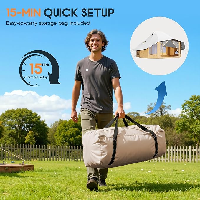 SPECRAFT Canvas Bell Yurt Tents & Inflatable Tent for Camping, Waterproof Glamping Tent with Stove Jack, Breathable Mesh, Snowproofing Spacious 4-Season Family Shelter for Outdoor, Camping, Parties