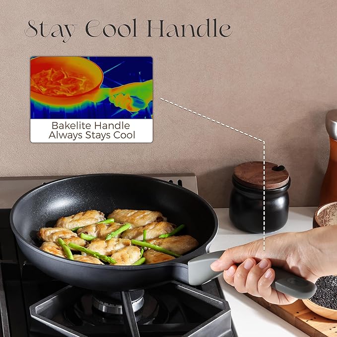 PRICUSIS Nonstick Ceramic Frying Pan with Lid, 8/10 Inch Skillet with Stay Cool Handle, Fully Coated, Induction Compatible & Oven Safe, 100% Dishwasher Safe, PTFE & PFOA Free（8 Inch, Black Sesame）