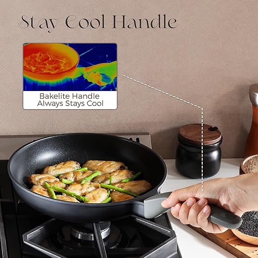 PRICUSIS Nonstick Frying Pan, 8/10/12 Inch Skillet with Stay Cool Handle, Fully Coated, Induction Compatible & Oven Safe, 100% Dishwasher Safe, PTFE & PFOA Free（12 Inch, Black Sesame）