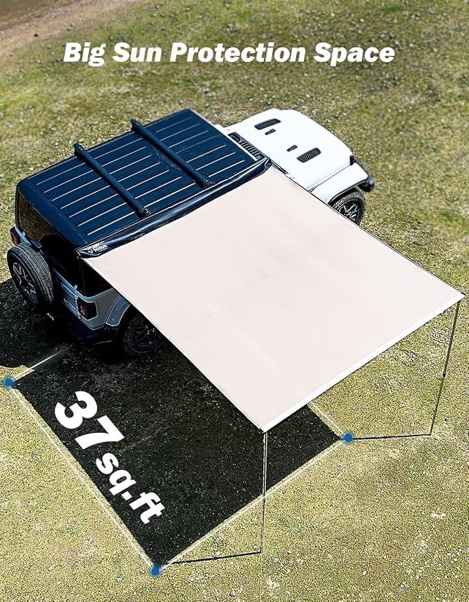 JOYTUTUS Vehicle Awning 4.6'x6.6' Roof Rack Pull-Out Sun Shade UV50+, Weatherproof 4x4 Side Awning for Camping, Car Sunshade with Adjustable Hardware, Quick Set-up, SUV/Truck/Van/Jeep