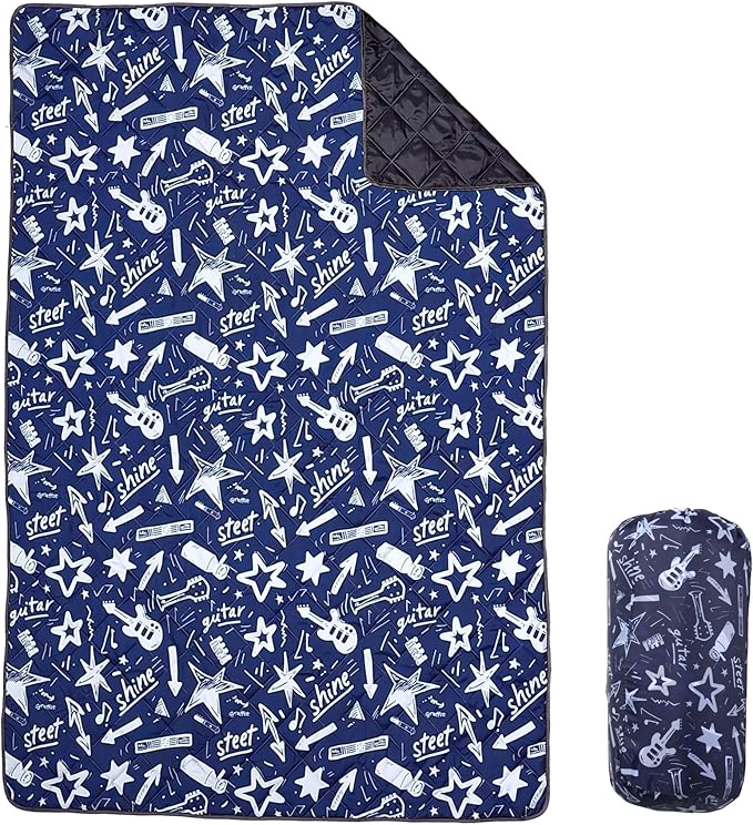 Waterproof Outdoor Blanket, 79" x 55" Large Packable Picnic Blankets, Foldable Picnic Mat for Park, Lawn, Grass, Beach, Concert (Star and Guitar)
