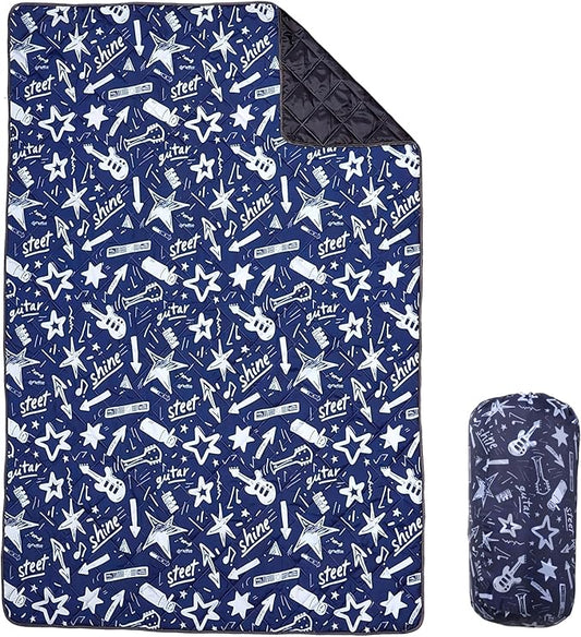 Waterproof Outdoor Blanket, 79" x 55" Large Packable Picnic Blankets, Foldable Picnic Mat for Park, Lawn, Grass, Beach, Concert (Star and Guitar)
