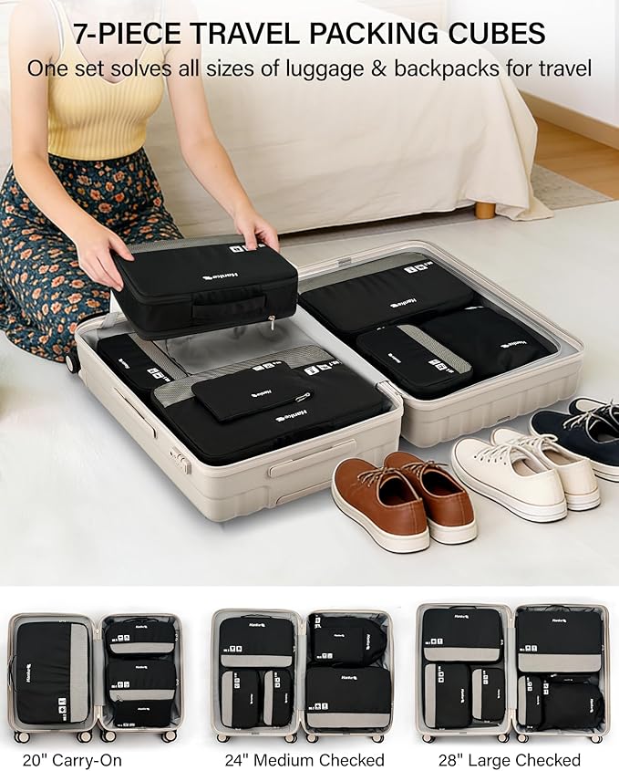 Hanke 7 Piece Expandable Compression Packing Cubes, Premium Travel Packing Organizers for Suitcases/Carry On, Luggage Organizer Bags with Breathable Mesh & Label,Black