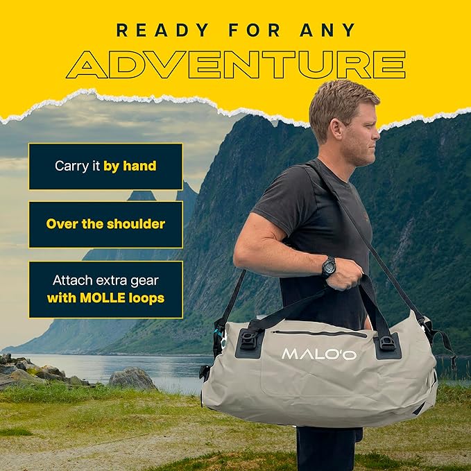 Malo’o Waterproof Dry Duffel, Heavy-Duty Roll Top Waterproof Gear Bag with Shoulder Strap & Molle Loops, Marine Duffel for Kayaking, Boating, Camping, Beach & Travel, Grey, 60L