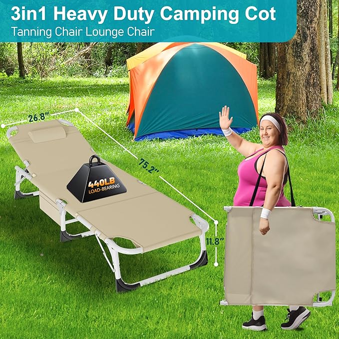 ABORON Folding Camping Cot W/Mat & Face Arm Hole for Adults, Adjustable Heavy Duty Outdoor Bed,1200 D Layer Oxford Travel Camp Cots for Beach, Pool, Lawn,Yard, Patio