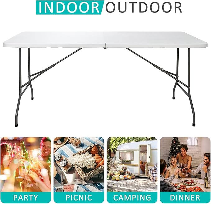 SUPER DEAL 6FT Folding Table for Indoor Outdoor, Portable Heavy Duty Fold-in-Half Plastic Dining Picnic Party Camping Table with Carrying Handle