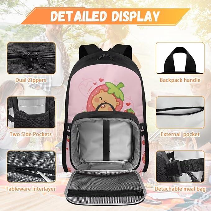 HUGS IDEA Strawberry Capybara Backpack for School Girls Cute Bookbag with Insulated Lunch Bag for Elementary Girls Kids Travel Backpack Set Large 17 Inch Schoolbag for Students Study Daypack