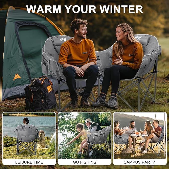 ABORON Heated Camping Chair Oversized, Three Model Portable Cushion Folding Chair, Heavy Duty Foldable Chairs Support Up to 500 lbs, Ideal for Outdoor Adventures