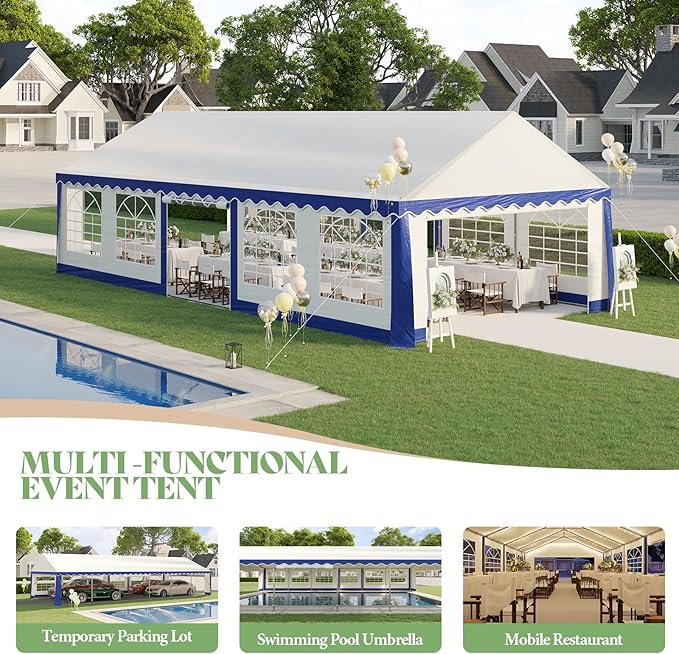 AMERLIFE 16 x 32 FT Party Tent with Rolled Sidewalls, Heavy Duty Wedding Tent for Party Outside with Zinc Alloy Tube & Spiral Stakes, Waterproof Event Shelters, White & Blue