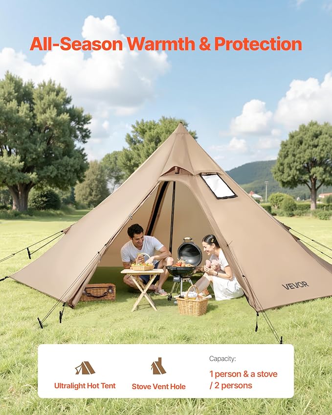 VEVOR Hot Tent, Camping Tipi Hot Tents with Stove Jack, Portable Winter Camping Tents with Snow Skirt, Easy Setup, Waterproof 4 Season Shelter Tents for Fishing Backpacking