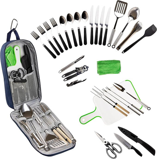 30 Pcs Camp Cooking Utensil Set & Outdoor Kitchen Gear Cookware Kit, Portable Compact Carry Case for Camping, Hiking, Travel, BBQ Grilling Stainless Steel Accessories Spoon & Fork, Navy