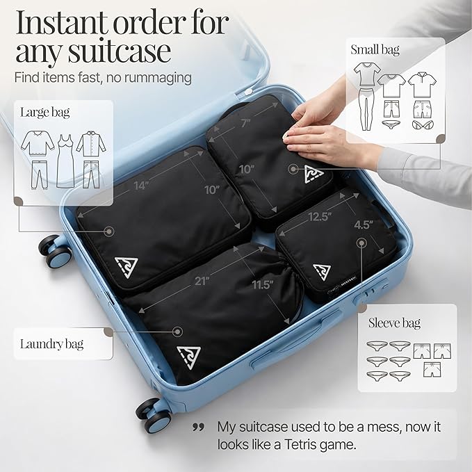 Well Traveled 4 pcs Compression Packing Bags Cubes Set with HybridMax Double-Capacity Design - Packing Cubes for Travel Compression to Maximize Limited Luggage Space, Black
