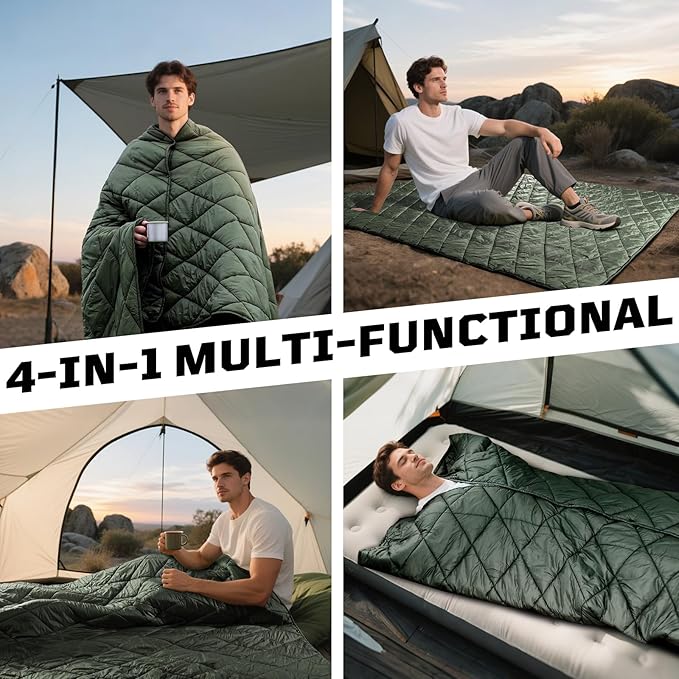 Camping Blanket - Packable, Ultra Warm and Lightweight with Snap Button Backpacking Quilt, for Sleeping, Outdoors, Travel, and Indoor Use - Olive Green