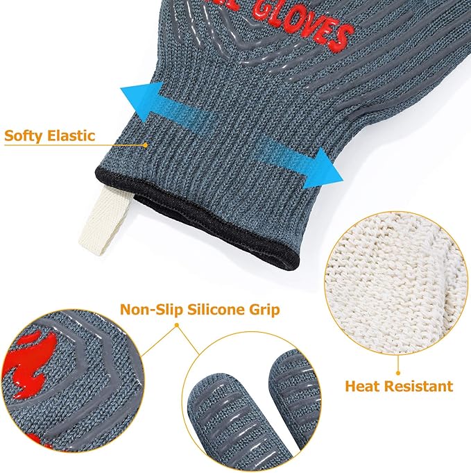 QUWIN BBQ Gloves, Oven Gloves 1472℉ Extreme Heat Resistant, Grilling Gloves Silicone Non-Slip Oven Mitts, Kitchen Gloves for BBQ, Grilling, Cooking, Baking-1 Pair… (Grey, One Size(Long Cuff))