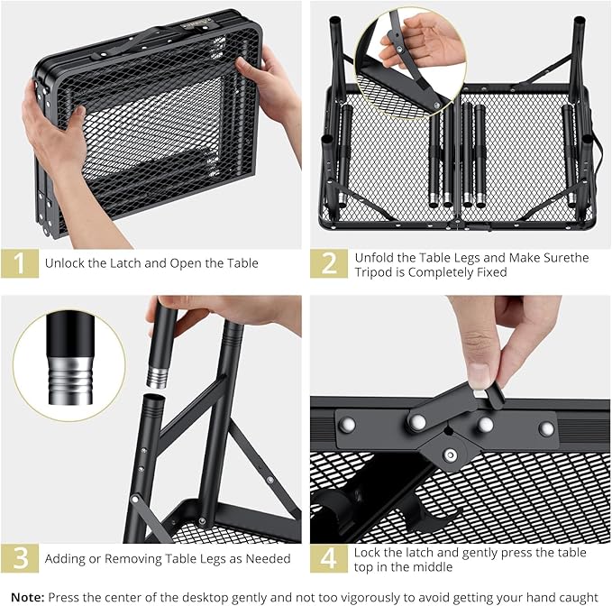 2ft Folding Grill Table Max 29.5", 3 Adjustable Heights Metal Threaded More Stable Lightweight Camping Table Heat-Resistant with Handle, for Cooking BBQ Outdoor Travel, 22.8" X 16", Black