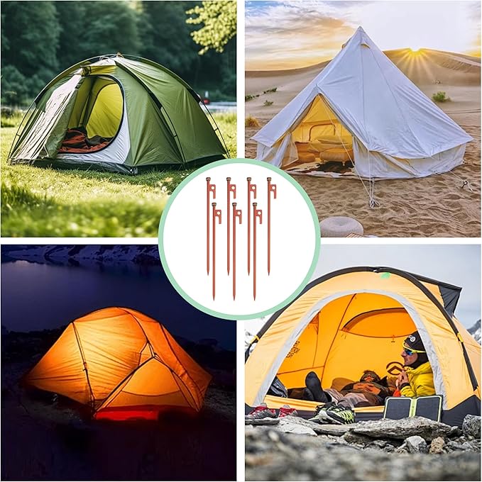 8 PCS Tent Stakes & Hammer Kit， Heavy Duty Metal Tent Pegs for Camping Steel Tent Stakes(Orange)
