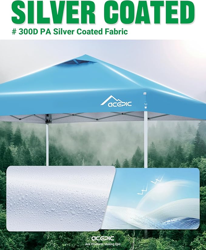 10x10 Pop Up Canopy Tent,300D Silver-Coating Top,Pop Up Canopy Tent Instant Portable Shelter with 1-Button Push and Wheel Carry Bag, 8 Stakes and 4 Upgraded Canopy Weights (Serene Blue, 10x10)