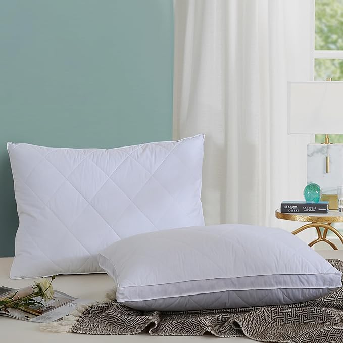 Three Geese Pack of 2 White Goose Feather Polyester Bed Pillows Queen/Standard Size- Soft 600 Thread Count 100% Cotton, Medium Firm,Soft Support Surround Fill Polyester,White Solid