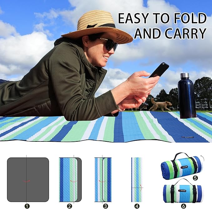 HX&OD Extra Large Picnic Blanket Outdoor 80”x80” Waterproof Picnic Mat Foldable 3-Layer Camping Blanket Portable with Carry Strap Park Blanket for Grass(Blue)