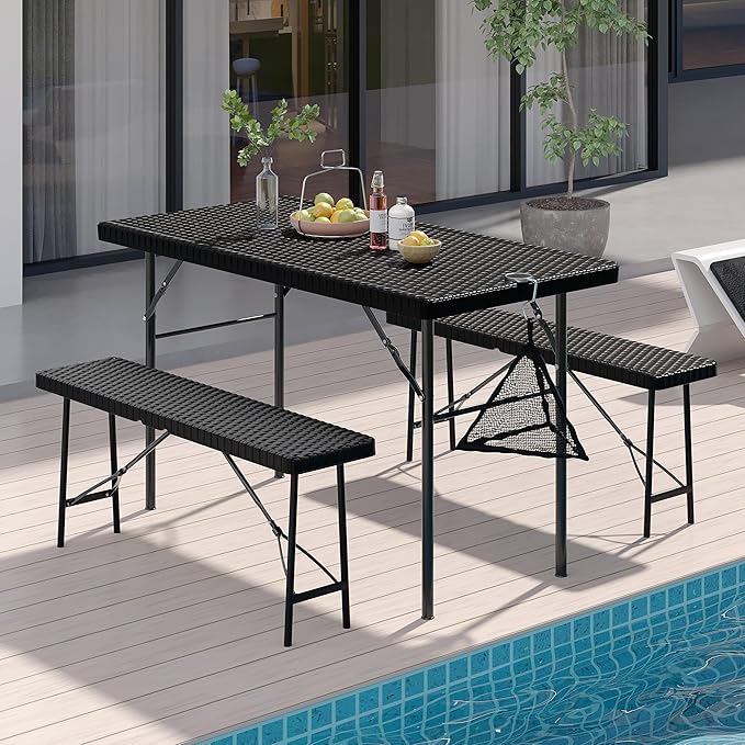 VECELO 3 Piece Folding Picnic Table with 2 Benches, 47.2" Faux Rattan Patio Set with Mesh Bag, Heat-Resistant & Waterproof, for Indoor Outdoor Use, Matte Black