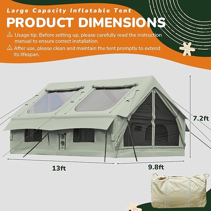 EROMMY 4/6/8/12 Person Inflatable Tent with Skylight, 4 Season Blow Up Tents with Hand Pump for Outdoor Camping & Hiking, Easy Set-up Windproof Sunproof Waterproof