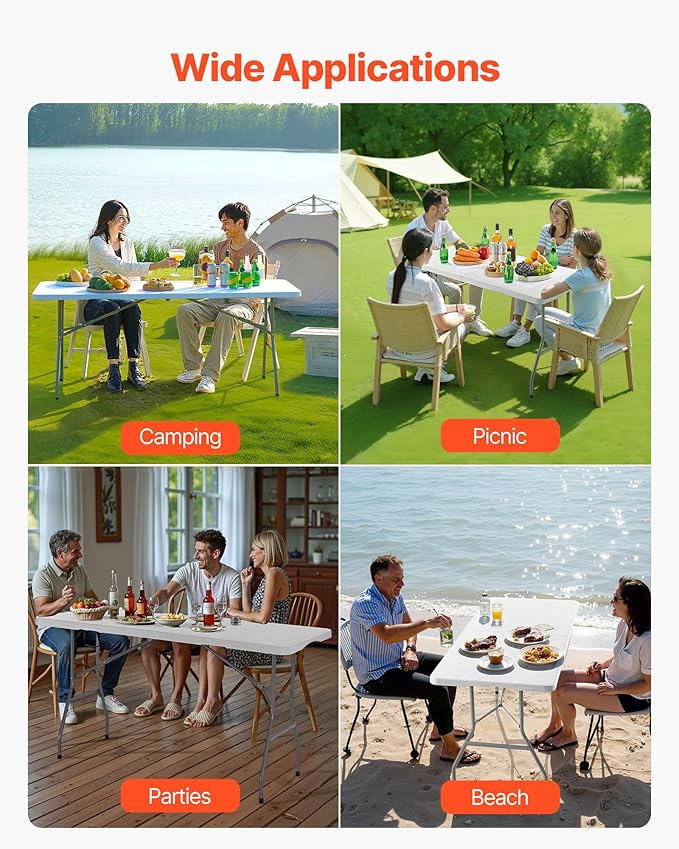 VEVOR Folding Table, 6 Ft Heavy Duty Portable Fold-in-Half Utility Table, Indoor Outdoor Plastic Rectangle Table with Built in Handle, for Party, Dining, Wedding, Events, Picnic, Camping, White