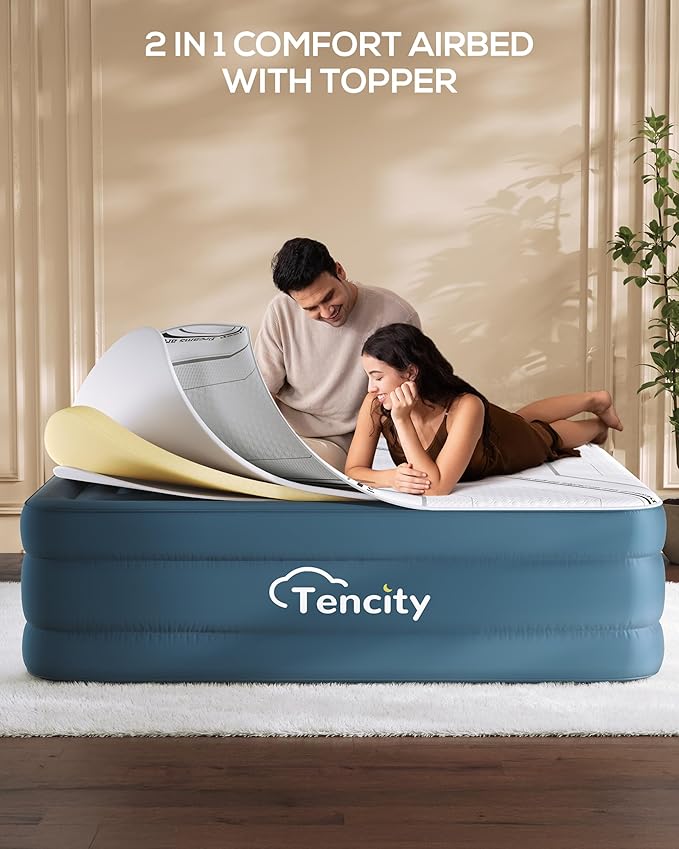 20” Tall Luxury Air Mattress with Quilted Foam Topper, Extra Firm Support with U-shaped PVC strap Inflatable Bed, Quiet & Comfortable Blow Up Bed for Home Guests, Camping, Travel, Fast Inflate AirBed