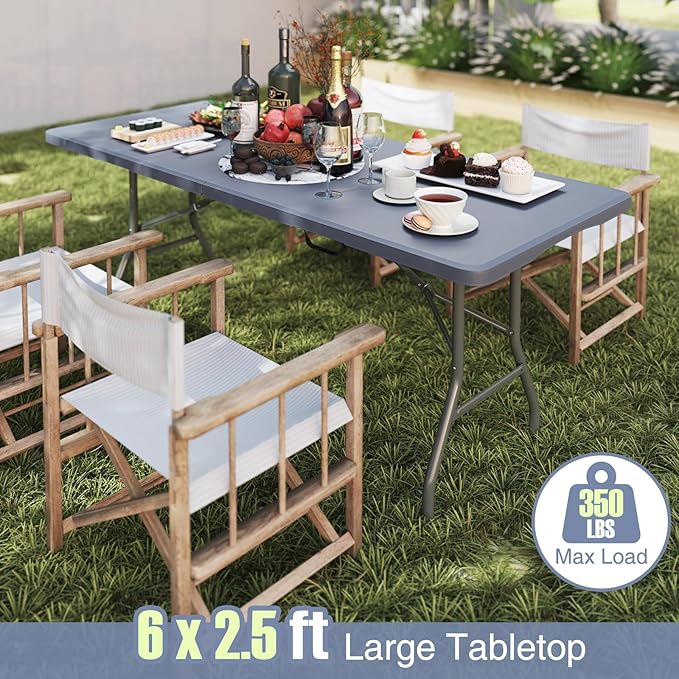 Folding Table, HDPE Portable Table with 6 ft Long Tabletop, Metal Frame Picnic Camping Table with Safe Lock, Collapsible Dining Table for Camping, Picnic, Party (Gray, 6 FT)