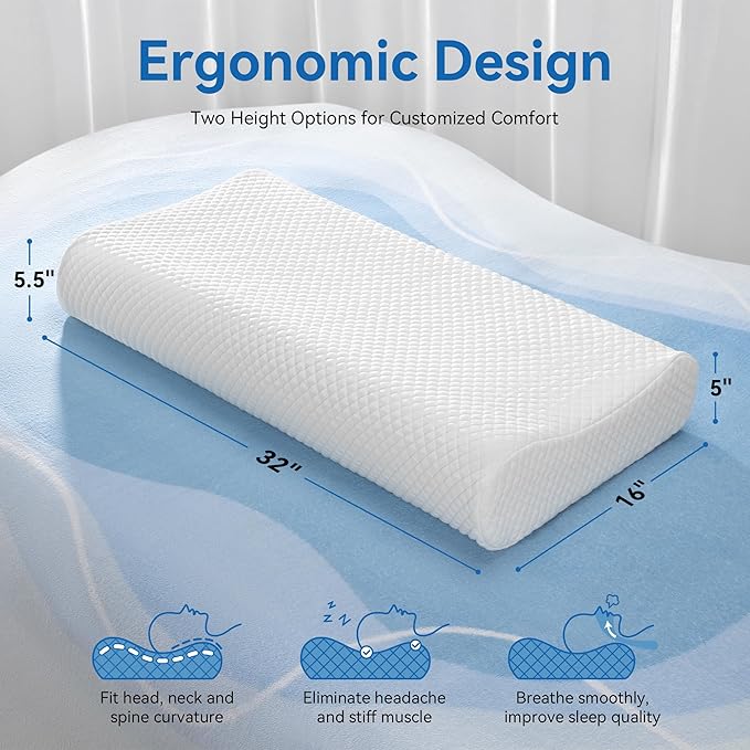 AM AEROMAX 32" King Size Contour Memory Foam Pillow, Cervical Pillow for Neck Pain Relief, Neck Orthopedic Sleeping Pillows for Side, Back and Stomach Sleepers
