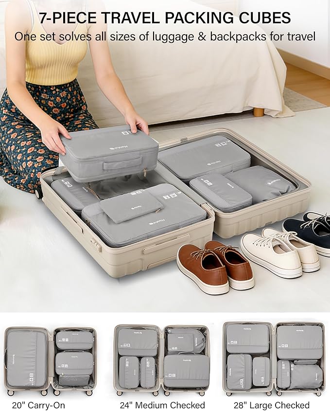 Hanke 7 Piece Expandable Compression Packing Cubes, Premium Travel Packing Organizers for Suitcases/Carry On, Luggage Organizer Bags with Breathable Mesh & Label,Light Grey