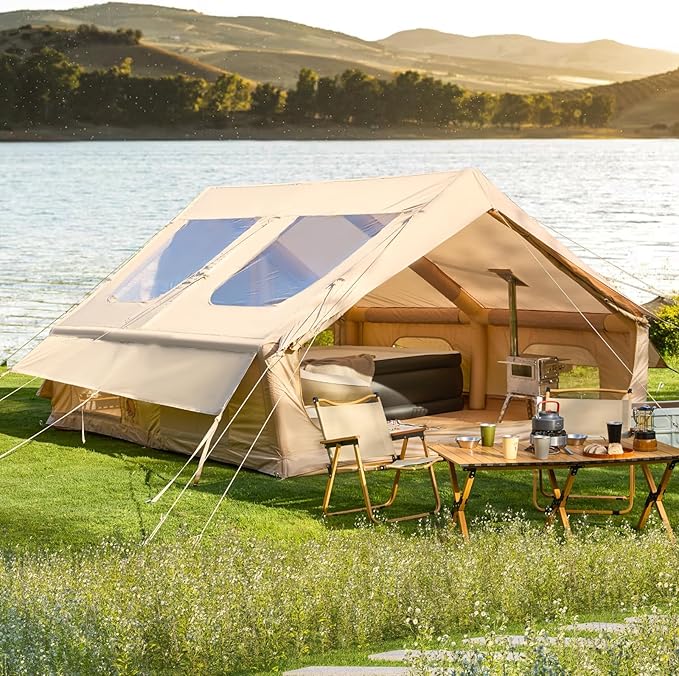 YOLENY Inflatable Tents for Camping, 6-12 Person Blow Up Tent with TPU Skylight, Canopy, Mesh Windows, Stove Jack & Pump, 4 Season Large Inflatable Tent, Waterproof & Windproof