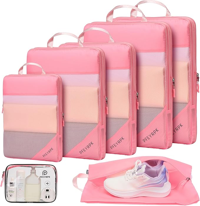 Lightweight Compression Packing Cubes for Suitcases, Compressible Expandable Travel Packing Organizer with Clear Toiletries and Backpack Bag, Travel Essentials for Carry on Luggage 7 Set