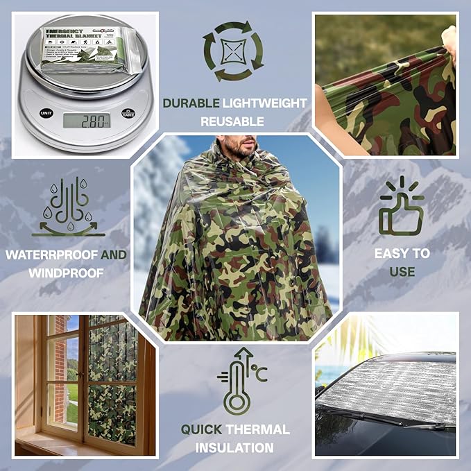SecuCaptain Survival Emergency Thermal Blankets: Thicken 28um Space Mylar Blanket Kit for Outdoor Cold Winter Camping, Hiking, Car Bug Out Bag, or First Aid - Woodland Camo 4 Pack