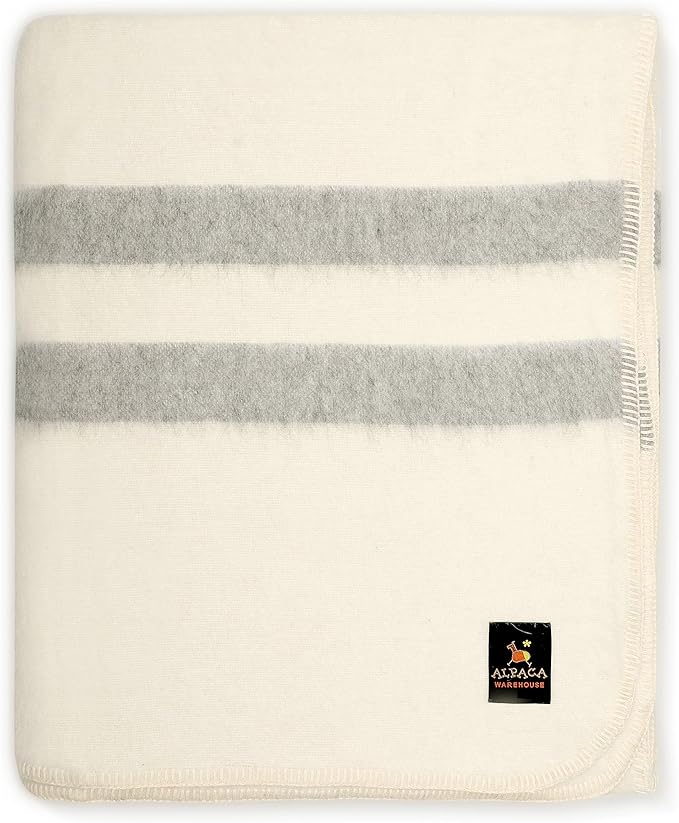Thick Alpaca Wool Blanket Heavyweight Camping Outdoors Indoors Soft Peru King Size Stripes Design (Ivory - Soft Gray, King Size)