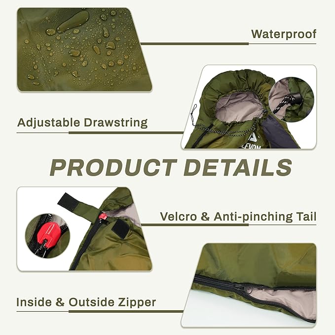 Elevon Sleeping Bag for Adults Teens Kids Cold Warm Weather, Portable Waterproof & Lightweight, Compact with Compression Sack, for 3-4 Seasons Camping, Backpacking, Hiking, Travel, Indoors Outdoors