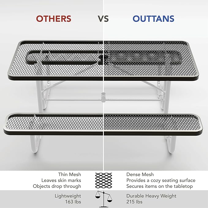 Metal Picnic Furniture for Outdoors with Umbrella Hole - Coated Steel Heavy Duty Commercial Grade Table with Adjustable Seats, Patio Set for a Lifetime (Black, 6' Rectangular)