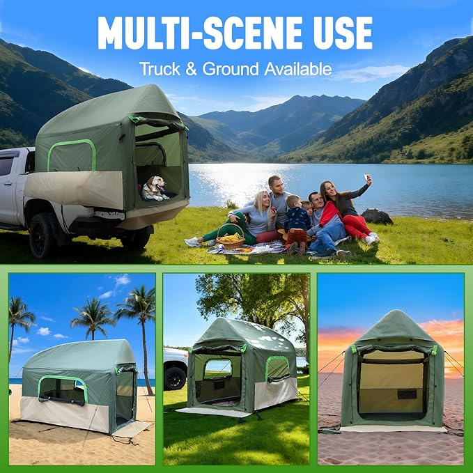 Truck Bed Tent 5.5ft-8ft Easy Set up Inflatable Pickup Truck Tent with Pump for Camping PU 3000mm Waterproof Dual-use Pickup Tent or Camping Tent for 2 Person Double Layer Mesh Window & Door