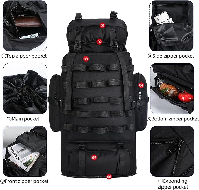 70L/100L Camping Hiking Backpack with Rain Cover, Expandable Large Military Tactical Backpack, Waterproof Molle Racksack Travel Backpacking Daypack for Climbing Trekking (Black)