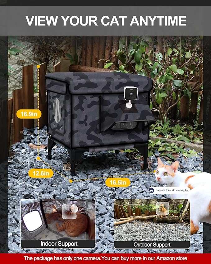 Outdoor Heated Cat House in Winter,Extremely Insulated & Weatherproof,Elevated Feral Cat Shelter with Waterproof Eaves & Escape Door for Outside Stray Barn Cat (Dark Camo,S)